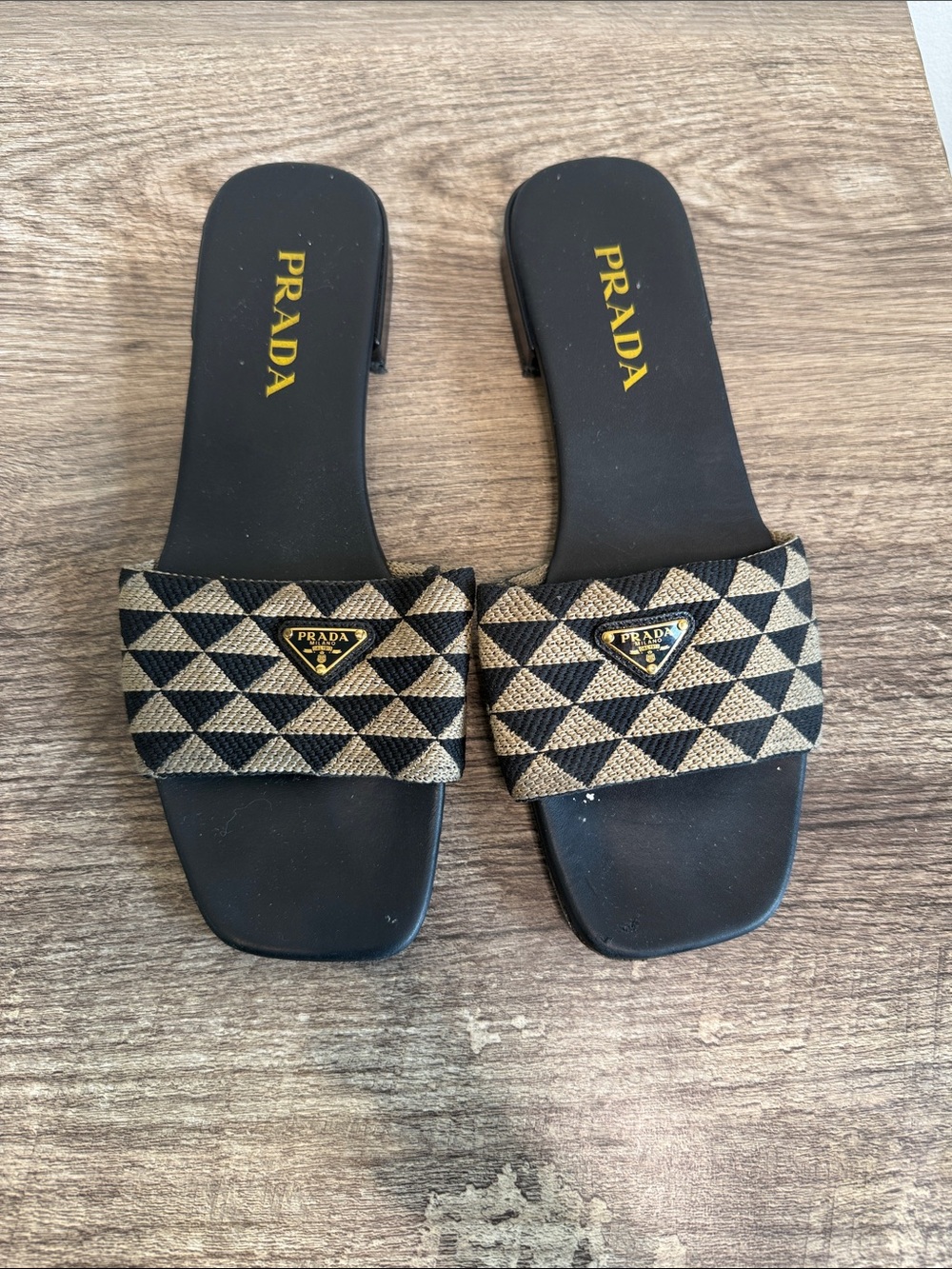 Prada Black and Beige Geometric Slide Sandals